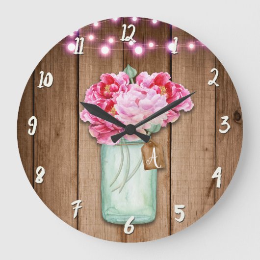 Pink String Lights & Mason Jar Flowers Rustic Wood Große Wanduhr (Vorderseite)