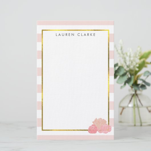 Pink Strip & Blush Peony Personalisiert Stationier Briefpapier (Stehend Vorderseite)