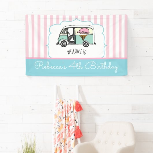 Pink Strip Ice Truck Birthday Banner (Insitu)