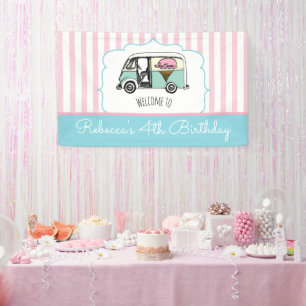 Pink Strip Ice Truck Birthday Banner