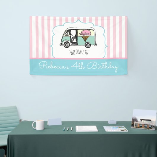 Pink Strip Ice Truck Birthday Banner (Messeveranstaltung)
