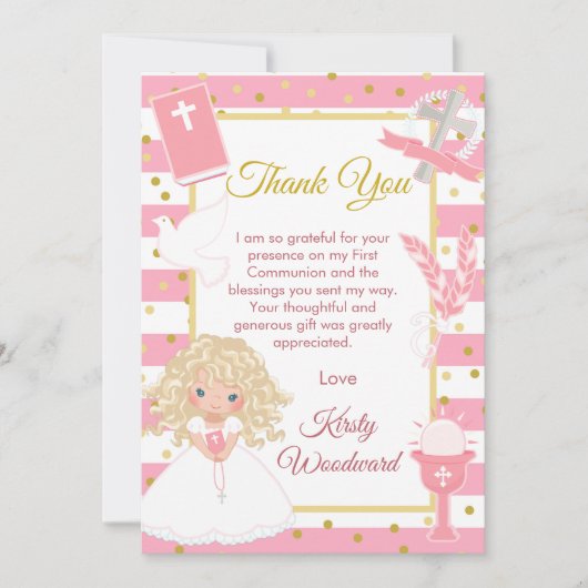 Pink Stripe Blonde Girl Dankeskarte (Vorderseite)