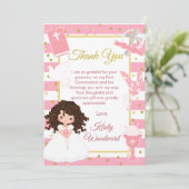 Pink Stripe Brünett Girl Erste Heilige Kommune Dankeskarte (Stehend Vorderseite)