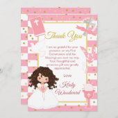 Pink Stripe Brünett Girl Erste Heilige Kommune Dankeskarte (Vorne/Hinten)