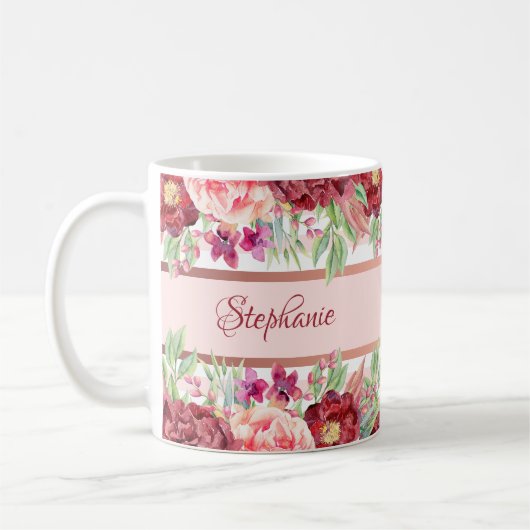 Pink Stripe Burgundy Personalisierter Name Kaffeetasse (Links)