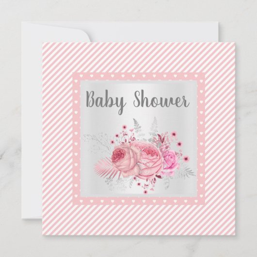 Pink Stripe Floral Baby Dusche Einladung (Vorderseite)