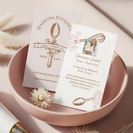 Pink Stripe Floral Spoon Pastry Cakes Bakery Chef Visitenkarte