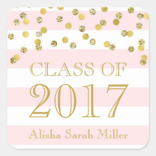 Pink Stripe Gold Confetti Abschluss Class of 2017 Quadratischer Aufkleber