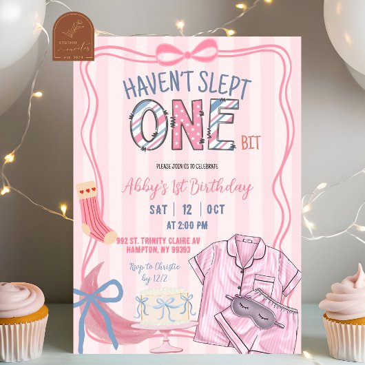  Pink Stripe Haven't slept one bit 1st birthday Einladung
