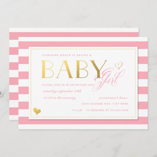 Pink Stripe Imitate Gold Baby Girls Dusche Einladung (Vorne/Hinten)