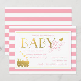Pink Stripe Imitate Gold Train Baby Girls Dusche Einladung