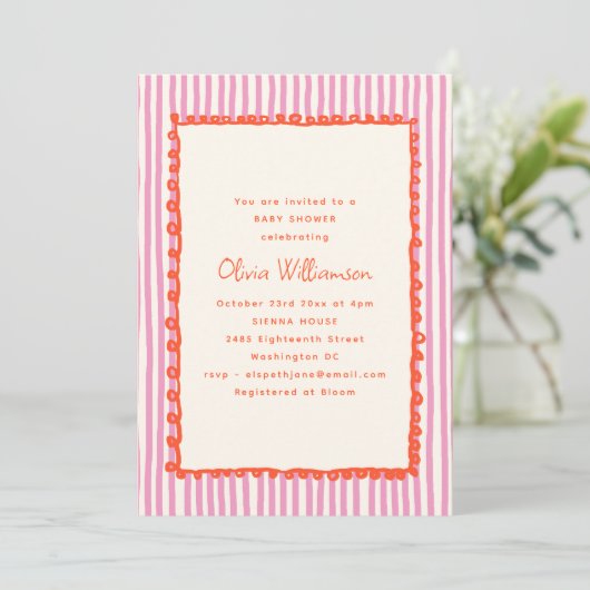 Pink Stripe Orange Wavy Doodle Border Baby Shower Einladung (Stehend Vorderseite)