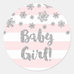Pink Stripe Silver Snowflake Winter Baby Dusche Runder Aufkleber