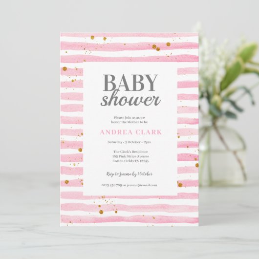 Pink Stripe Wasserfarbe Kinderdusche Einladung (Stehend Vorderseite)