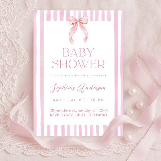 Pink Striped Bow Baby Shower Einladung