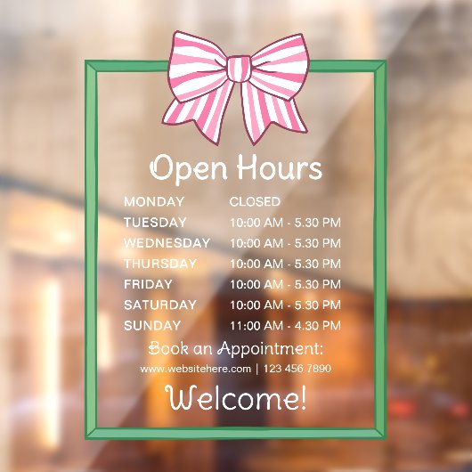 Pink Striped Bow Green Frame Open Hours Number Fensteraufkleber (Blatt 2)