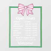 Pink Striped Bow Green Frame Open Hours Number Fensteraufkleber (Blatt)