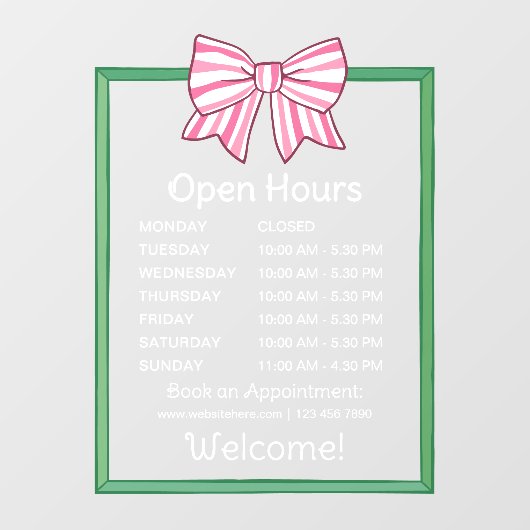 Pink Striped Bow Green Frame Open Hours Number Fensteraufkleber (Blatt)