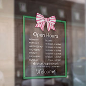 Pink Striped Bow Green Frame Open Hours Number Fensteraufkleber