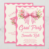 Pink Striped Bows & Ribbons Graduation Party Einladung (Vorne/Hinten)