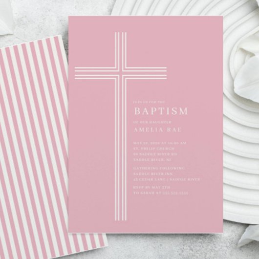 Pink Striped Cross Baptism Einladung