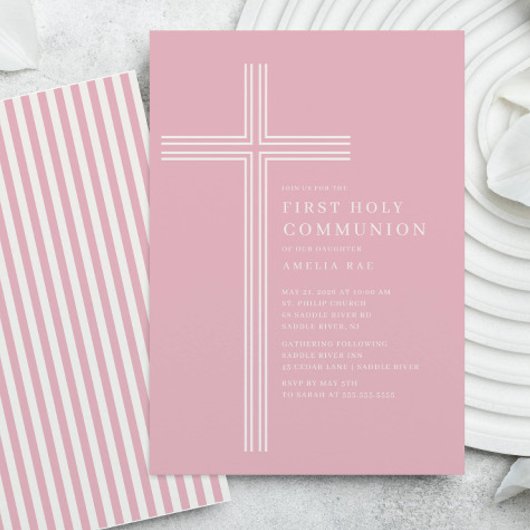 Pink Striped First Communion Invitation Einladung