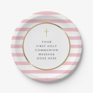 Pink-Striped Goldkreuz Heilige Kommunion Nachricht Pappteller