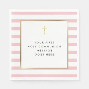 Pink-Striped Goldkreuz Heilige Kommunion Nachricht Serviette