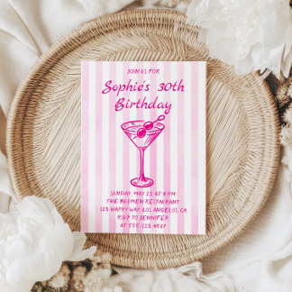 Pink Striped Martini 30th Birthday – Chic Adult  Einladung