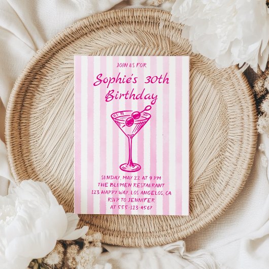 Pink Striped Martini 30th Birthday – Chic Adult Einladung