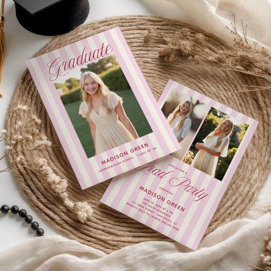 Pink Striped Preppy Graduation Einladung