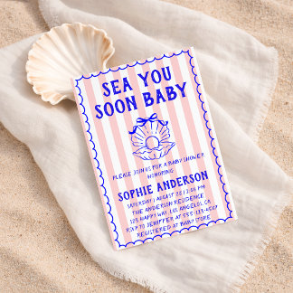 Pink Striped Sea You Soon Baby Baby Shower Einladung
