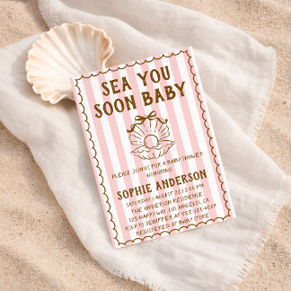 Pink Striped Sea You Soon Baby Baby Shower Einladung