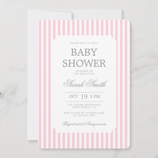 Pink Stripes Baby Shower girl Invitation Einladung (Vorderseite)