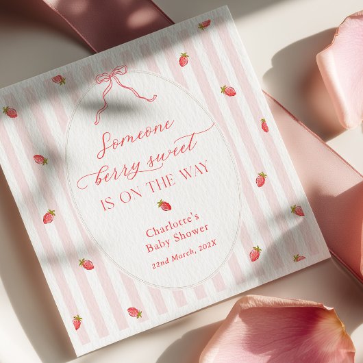 Pink Stripes Berry Sweet Baby Shower Invitation Serviette