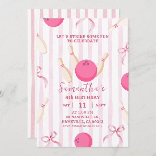Pink Stripes Bow Girl Bowling Game Time Birthday Einladung (Vorne/Hinten)