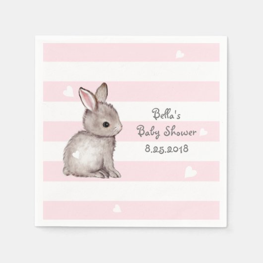 Pink Stripes Bunny Baby Dusche Papier Napkin Serviette (Vorderseite)