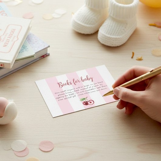 Pink Stripes Cherry Books for Baby Shower  Begleitkarte