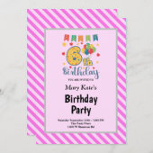 Pink Stripes Gerahmt 6. Geburtstagsparty Einladung (Vorne/Hinten)
