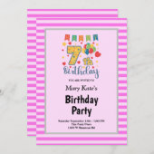 Pink Stripes Gerahmt 7. Geburtstagsparty Einladung (Vorne/Hinten)