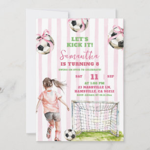 Pink Stripes Girl Soccer Lass uns ihn zum Geburtst Einladung