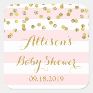 Pink Stripes Gold Confetti Babydusche Gefallen Tag Quadratischer Aufkleber