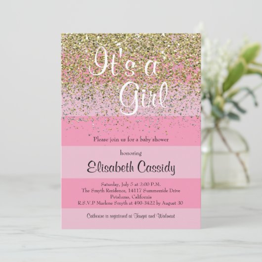 Pink Stripes & Gold Glitzer Kinderdusche laden ein Einladung (Stehend Vorderseite)