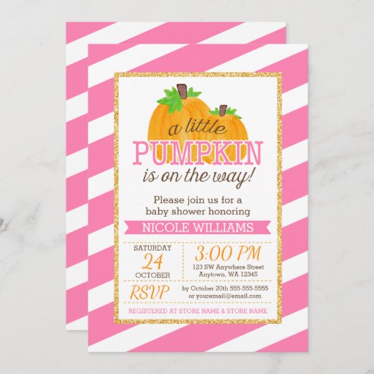 Pink Stripes Gold Little Pumpkin Fall Baby Dusche Einladung (Vorne/Hinten)