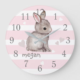 Pink Stripes Grey Bunny Nursery Wall Clock Große Wanduhr