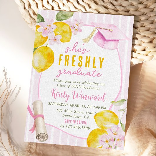 Pink Stripes Lemons and Flowers Graduation Einladung