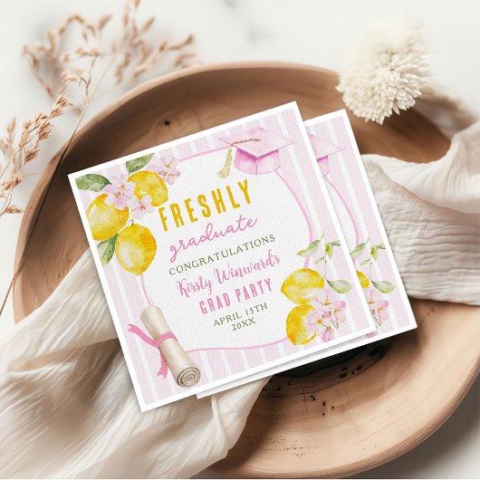 Pink Stripes Lemons and Flowers Graduation Serviette