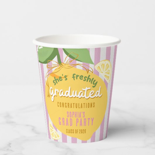 Pink Stripes Lemons Yellow bow Grad Paper Cups Pappbecher (Vorderseite)