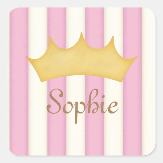 Pink Stripes Personalisiert Name Princess Crown Quadratischer Aufkleber (Vorderseite)