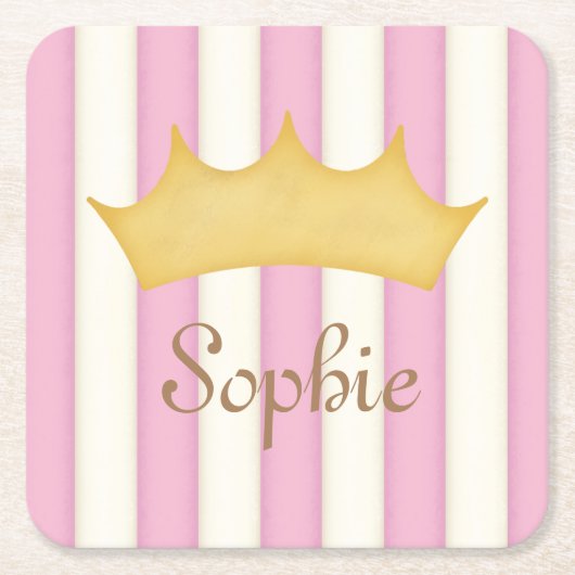Pink Stripes Personalisiert Name Princess Crown Rechteckiger Pappuntersetzer (Vorderseite)